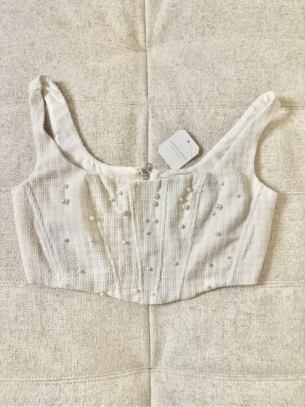 Altar'd State Cream Pearl-Embellished Crop Top